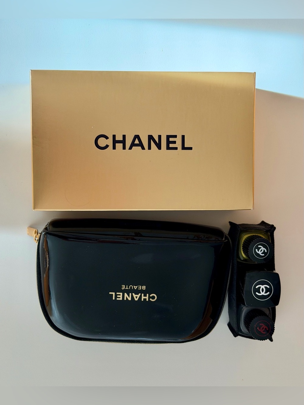 CHANEL Black Patent Nail Polish or Makeup Pouch with Gold Logo Brand New